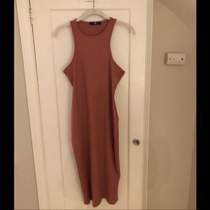 Rose Pink Ribbed Racer Neck Bodycon Midi Dress